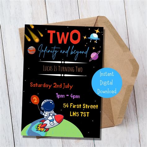 Two Infinity And Beyond Birthday Invitation Editable Template Personalised Birthday Invite Space