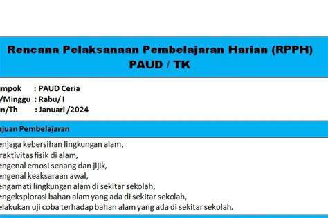 Download Contoh Rpph Paud Dan Tk Sederhana Mudah Ditiru Format Ms