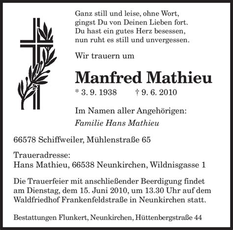 Traueranzeigen Von Manfred Mathieu Saarbruecker Zeitung Trauer De