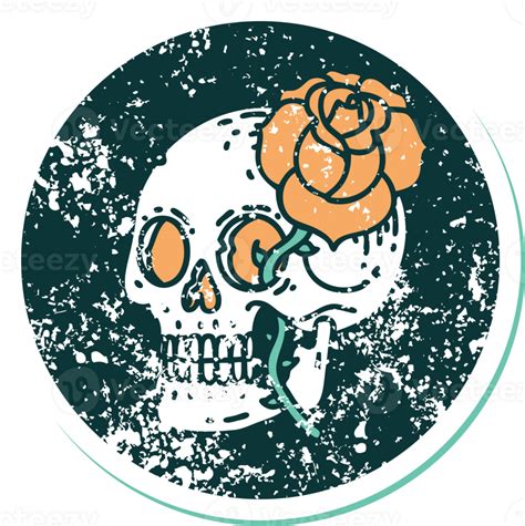 Iconic Distressed Sticker Tattoo Style Image Of A Skull And Rose 44994800 Png