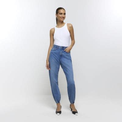 Blue High Waisted Jogger Jeans River Island