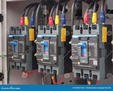 A Row Of Mccb Mount On Electrical Switchboard In Factory Mould Case