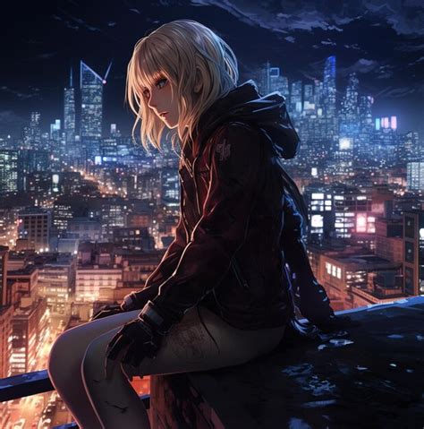 Premium AI Image A Girl Sits On A Ledge In Front Of A Cityscape At Night