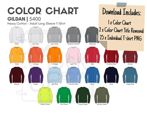 Gildan 5400 Adult Long Sleeve T Shirt Color Chart Gildan Etsy