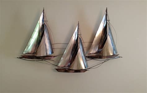 Curtis Jere Large Metal Triple Sailboat Wall Art Sculpture Mid Century Sailboat Wall Art Wall