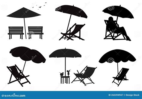 Summer Vacation Beach Chairs And Umbrellas Isolated Vectors Silhouettes