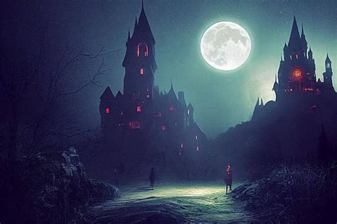 Draculas Castle At Night In Forest With Full Moon Photo Background And ...