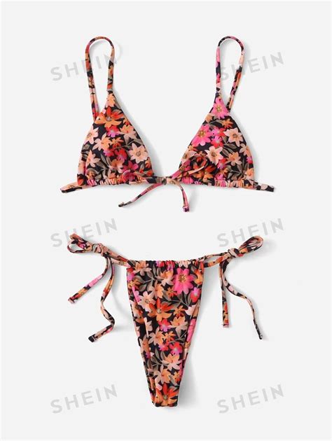 Shein Swim Summer Beach Floral Print Bikini Set Halter Triangle Bra