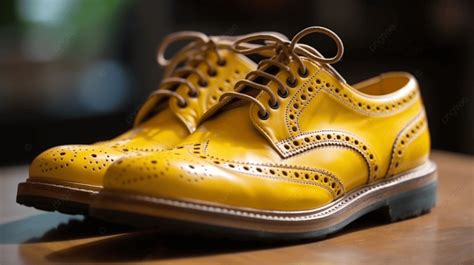 Pair Of Yellow Brogues On A Table Background Bright Yellow Full Brogue