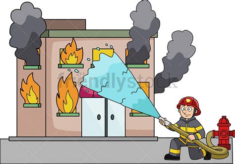 Firefighter Throwing Water At Building On Fire Cartoon Clipart