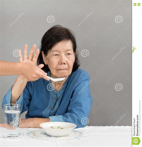 Elderly Asian Woman Bored With Food Stock Photo Image Of Asian