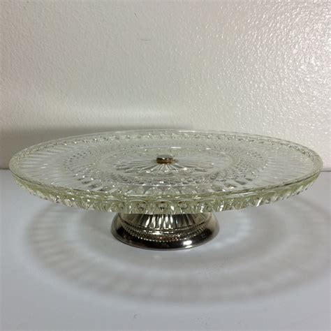 Vintage Crystal Cut Glass Cake Stand With Silver Pedestal