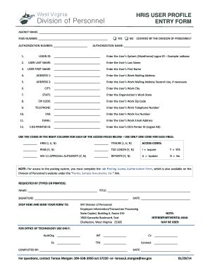 Fillable Online Personnel Wv HRIS USER PROFILE ENTRY FORM West