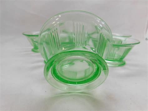 Set Of Six Green Vaseline Glass Dessert Cups