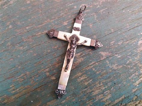 Ancienne Croix Crucifix De Chapelet Nacre Et Argent Xix Me Loches