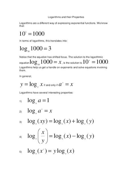 Logarithms And Their Properties Worksheet For 11th 12th Grade