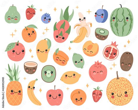 Kawaii Little Fruits With Smiling Face Cartoon Clip Art Cute Happy Tropical Fruit Character