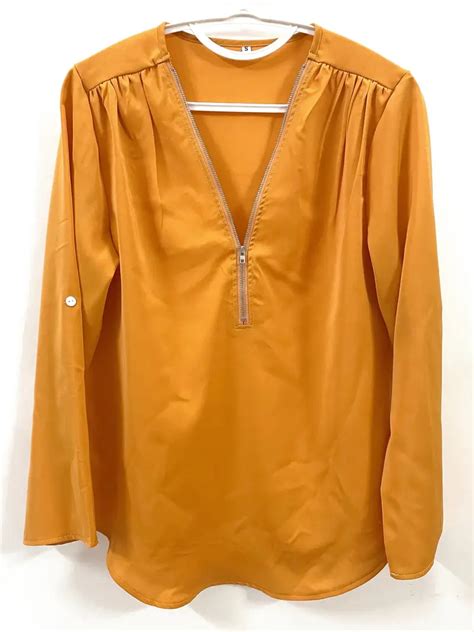 Solid V Neck Blouse Casual Ruched Rollable Sleeve Half Zip Temu