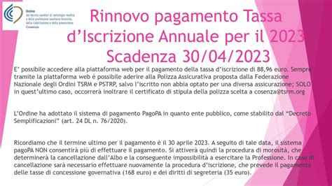 Rinnovo Pagamento Tassa DIscrizione Annuale Per Il 2023 Ordine TSRM