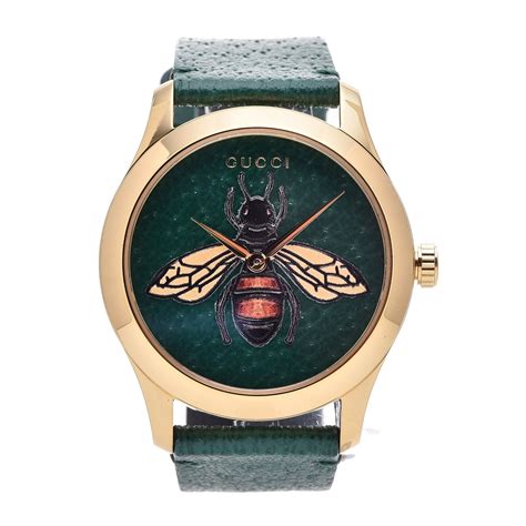 GUCCI Stainless Steel 38mm G Timeless Bee Motif Watch Gold Emerald 346584