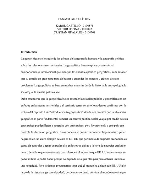 Ensayo Geopol Tica Ensayo Geopol Tica Karol Castillo Victor