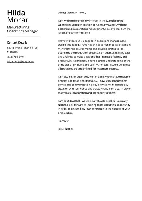 Manufacturing Operations Manager Cover Letter Job Description Sample