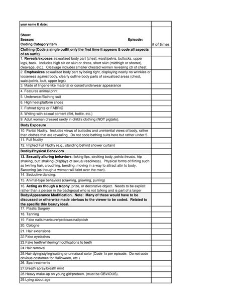 Pdf Coding Sheet For Content Analysis Of Sexualization