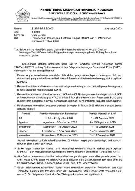 Surat Dirjen Perbendaharaan No S 22 PB PB 6 2023 Tahun 2023 Tentang