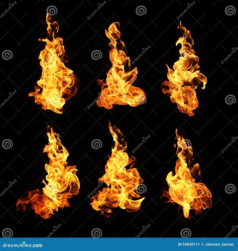 Fire Flames Collection Isolated on Black Background Stock Image - Image ...