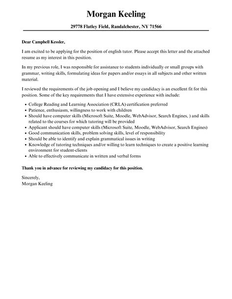 English Tutor Cover Letter Velvet Jobs