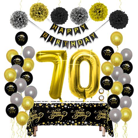 70th Birthday Decorations Black Gold Sets Party Supplies Packs For