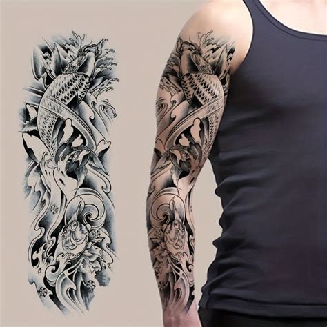 Waterproof Koi In Waves Full Arm Tattoo Stickers Long Lasting