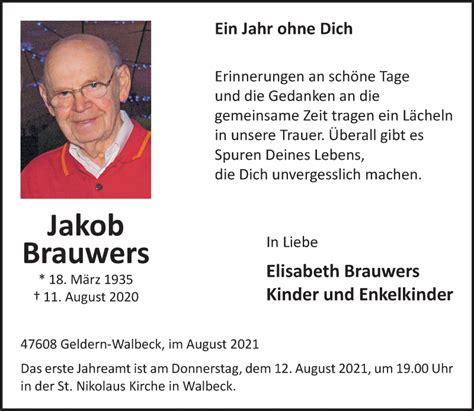 Alle Traueranzeigen F R Jakob Brauwers Trauer Rp Online De