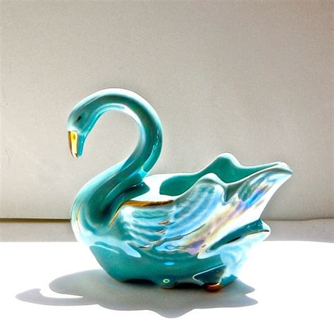 Ceramic Iridescent Blue Swan Planter With Gold Accents