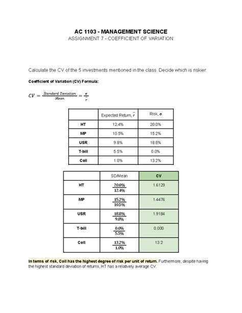 Coefficient Of Variation Ac 1103 Management Science Assignment 7 Coefficient Of Variation