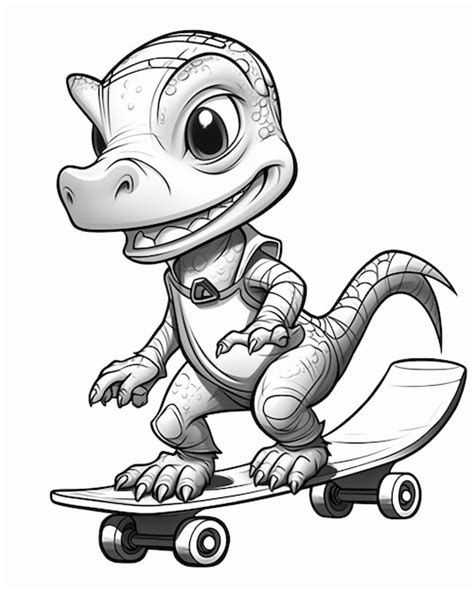 Dinosaurio De Dibujos Animados Montando Una Patineta Con Un Casco En La