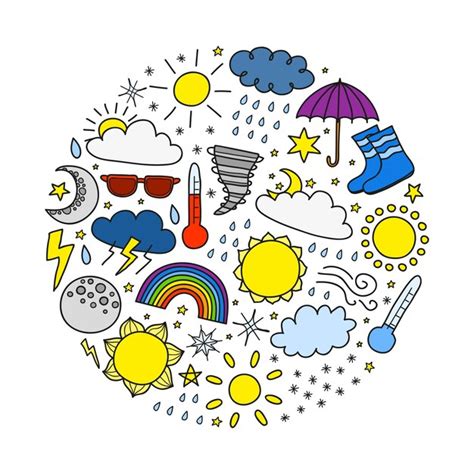 Premium Vector Doodle Weather Icons Including Sun Clouds Rain Drops