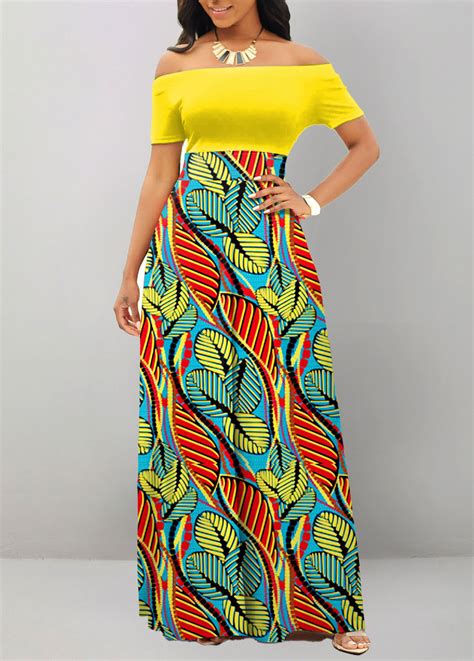 ROTITA Leaf Print Multi Color Off Shoulder Maxi Dress Rotita