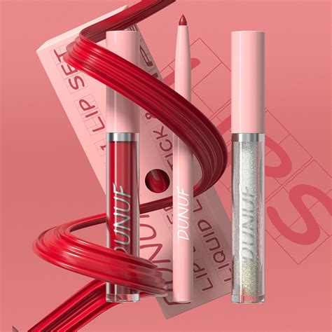 DUNUF 3Pc Box Rose Pink Matte Lipstick Set Nude Brown Lip Liner Pencil