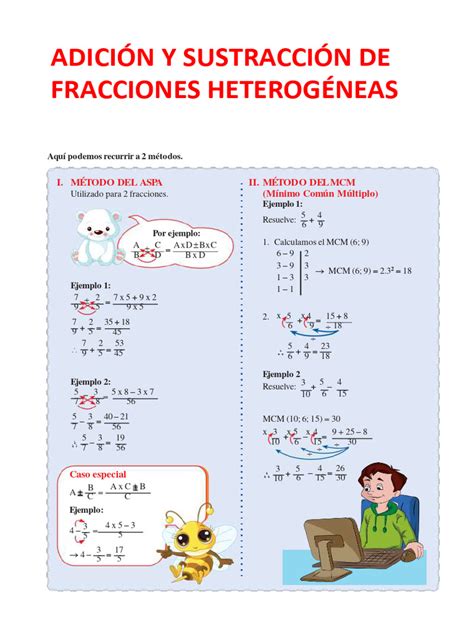 Suma Y Resta De Fracciones Heterogeneas Para Cuarto De Primaria 1 3 1 Pdf Matemática