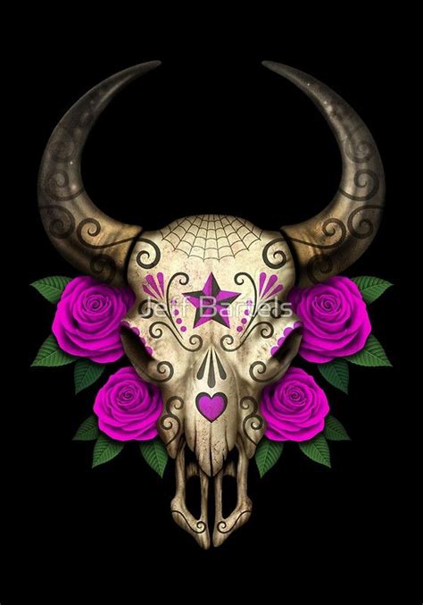 Bull Sugar Skull With Purple Roses By Jeff Bartels Bull Skull Tattoos