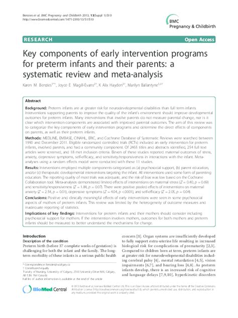 Pdf Key Components Of Early Intervention Programs For Preterm Infants