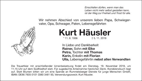 Traueranzeigen Von Kurt H Usler Trauer Nn De