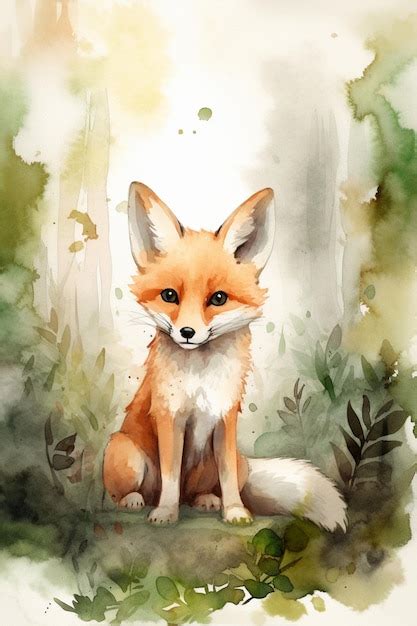 Premium AI Image | A watercolor painting of a fox sitting in a forest.