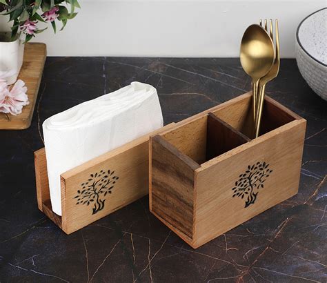 Buy Tree Of Life Sheesham Beech Wood Cutlery Holder And Napkin Holder