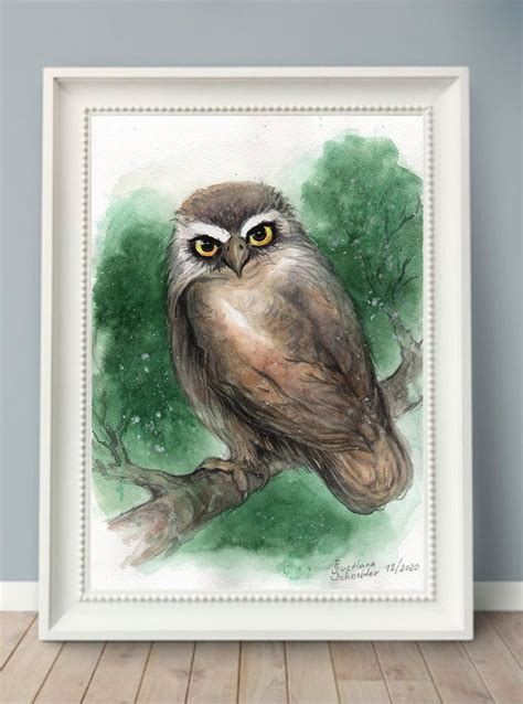 Owl Painting Watercolor Original Art Bird Of Prey Wall Art Owl Artwork