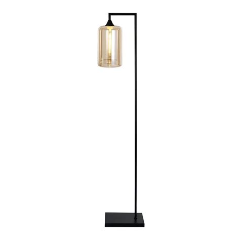 Right Angled Floor Lamp Black Narrow Cylinder Glass Amber Shade