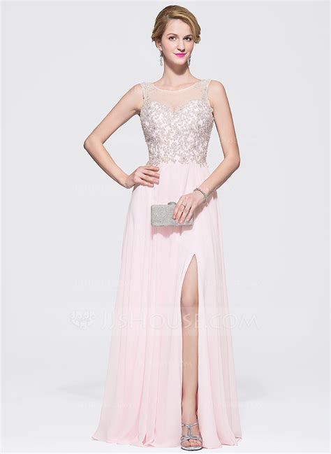 A Line Princess Scoop Neck Floor Length Chiffon Tulle Prom Dresses With