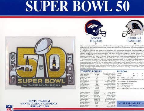 Super Bowl 50 Patch Stat Card Official Willabee And Ward Denver Autographs