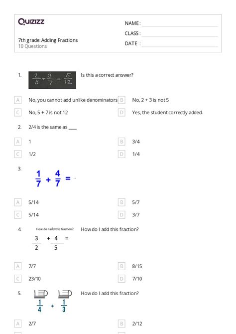 50 Adding Fractions Worksheets For 7th Grade On Quizizz Free And Printable